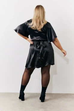 Clearance In the Style Liquid Satin Wrap Front Detail Mini Dress Black