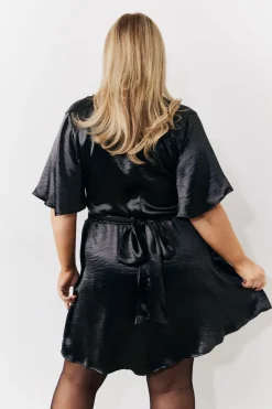 Clearance In the Style Liquid Satin Wrap Front Detail Mini Dress Black
