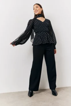 New In The Style Polka Dot Tie Neck Blouse Black