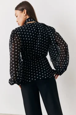 New In The Style Polka Dot Tie Neck Blouse Black