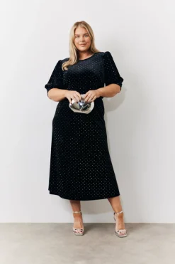 Online In the Style Puff Sleeve Studded Velour Midi Dress Black