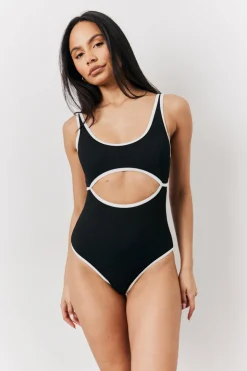 Sale Fits Ribbed Contrast Binding Cut Out Swimsuit Black
