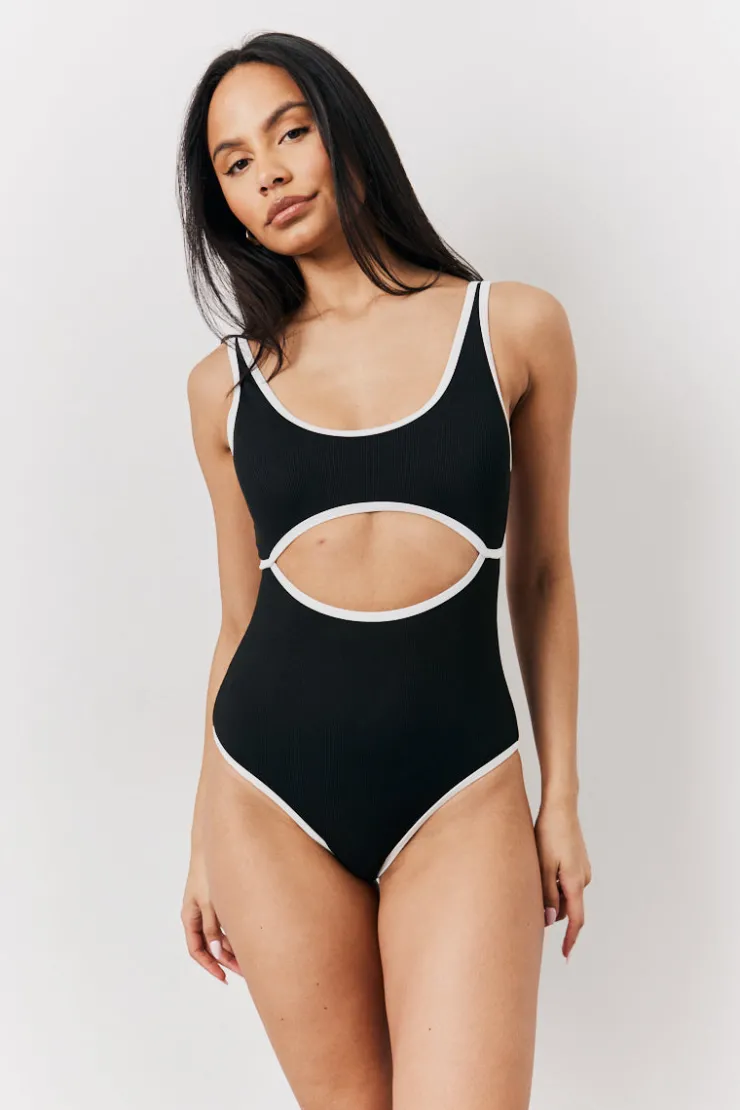 Sale Fits Ribbed Contrast Binding Cut Out Swimsuit Black