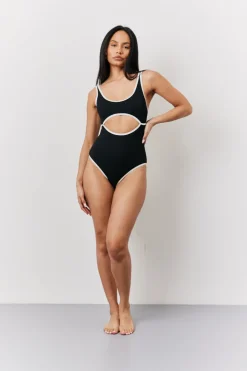 Sale Fits Ribbed Contrast Binding Cut Out Swimsuit Black