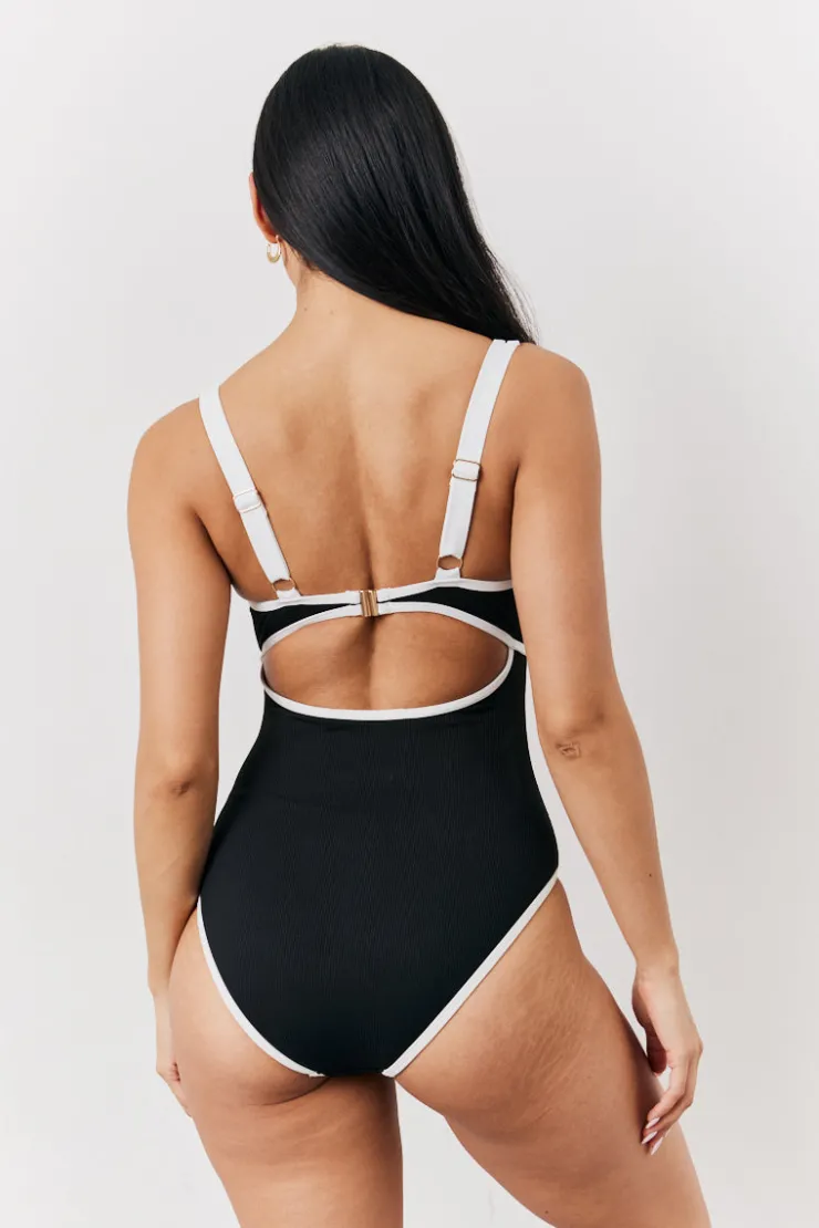 Sale Fits Ribbed Contrast Binding Cut Out Swimsuit Black