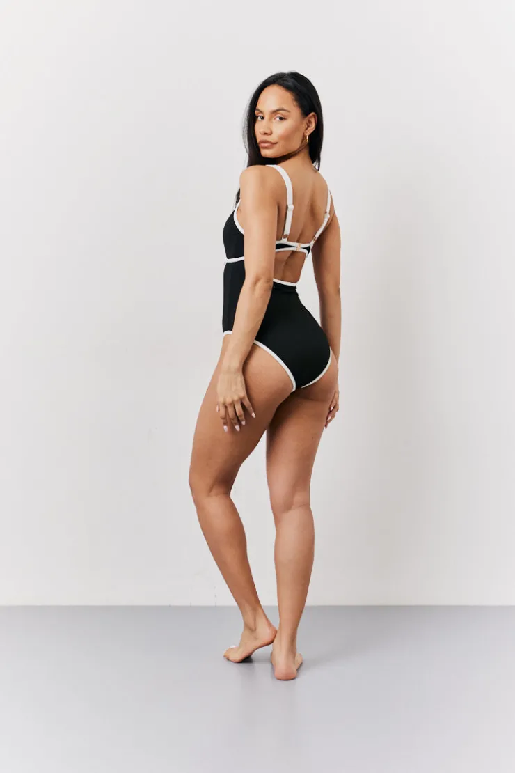 Sale Fits Ribbed Contrast Binding Cut Out Swimsuit Black