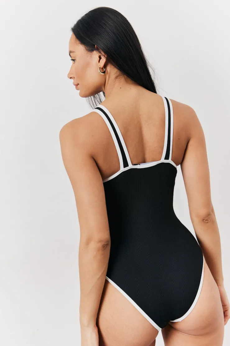 Hot Fits Ribbed Racer Neck Swimsuit Black