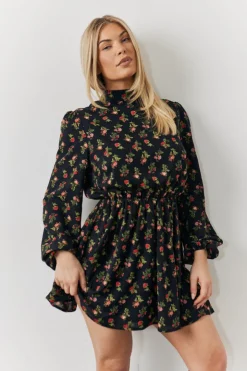 Hot In the Style Rose Print High Neck Mini Dress Black
