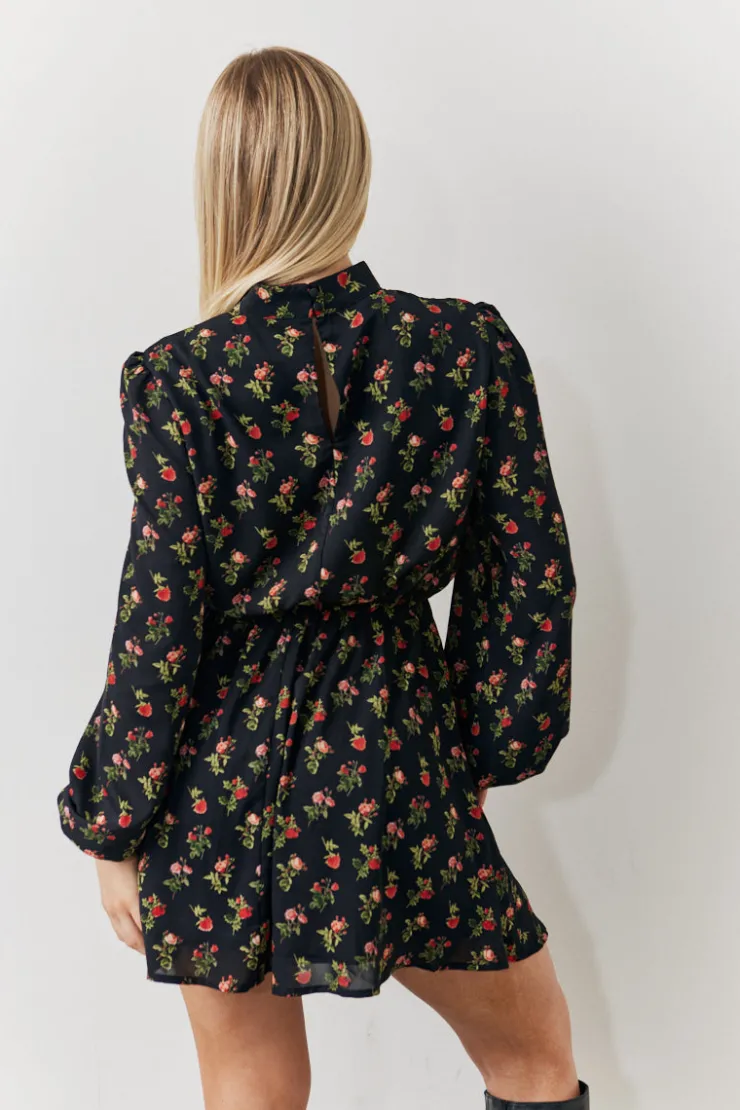 Hot In the Style Rose Print High Neck Mini Dress Black