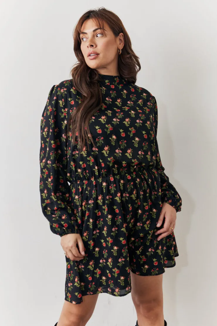 Hot In the Style Rose Print High Neck Mini Dress Black