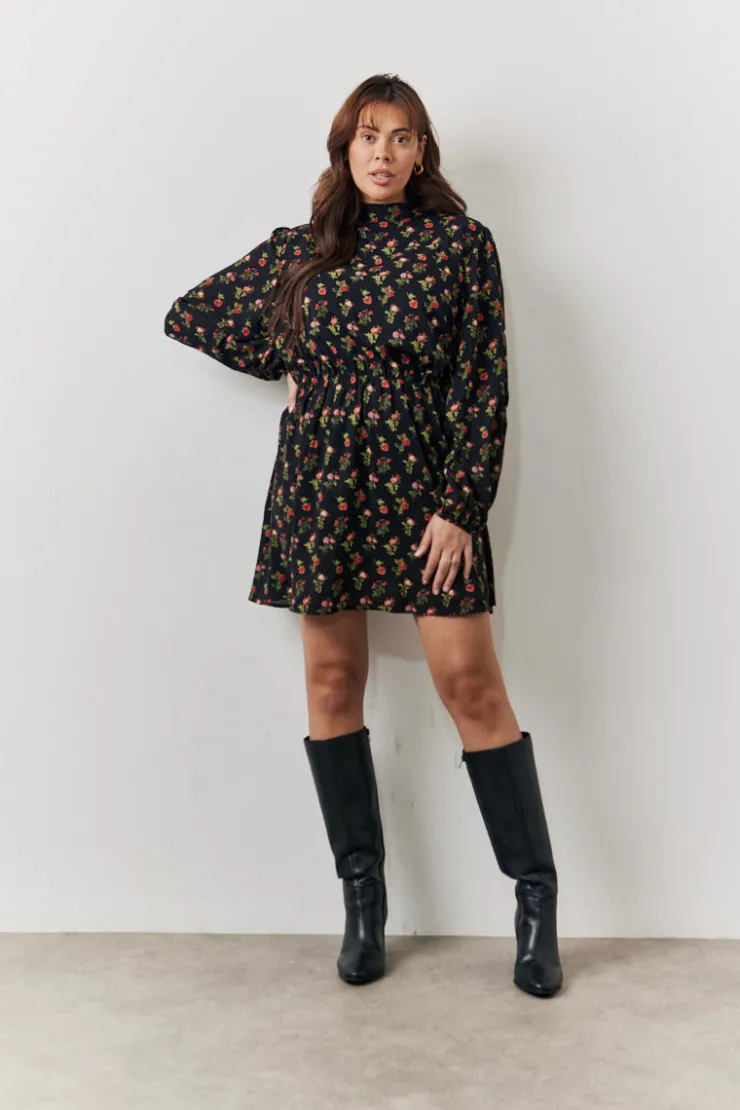 Hot In the Style Rose Print High Neck Mini Dress Black