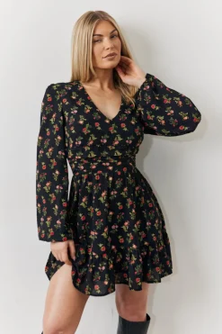 Clearance In the Style Rose Print Wrap Front Mini Skater Dress Black