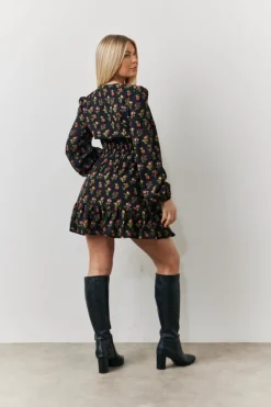 Clearance In the Style Rose Print Wrap Front Mini Skater Dress Black