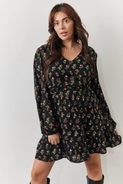 Clearance In the Style Rose Print Wrap Front Mini Skater Dress Black