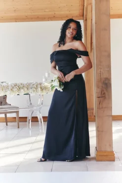Hot In The Style Satin Bardot Ruched Maxi Dress Black