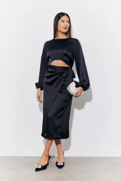 Hot In the Style Satin Wrap Midi Skirt Black