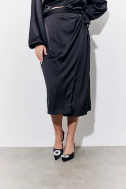 Hot In the Style Satin Wrap Midi Skirt Black