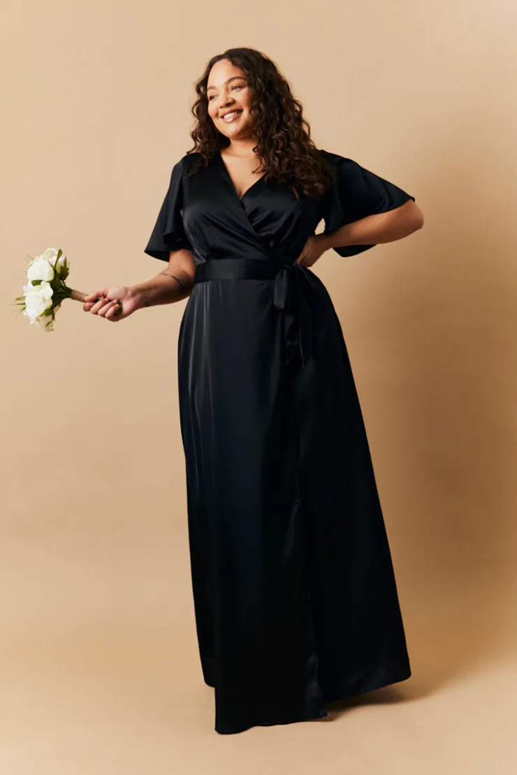 Best In The Style Satin Wrap Tie Angel Sleeve Maxi Dress Black