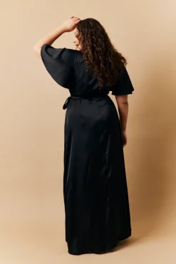 Best In The Style Satin Wrap Tie Angel Sleeve Maxi Dress Black