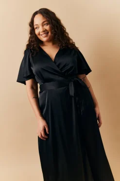 Best In The Style Satin Wrap Tie Angel Sleeve Maxi Dress Black