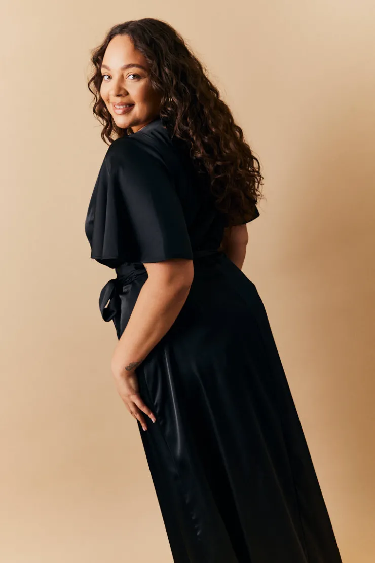 Best In The Style Satin Wrap Tie Angel Sleeve Maxi Dress Black