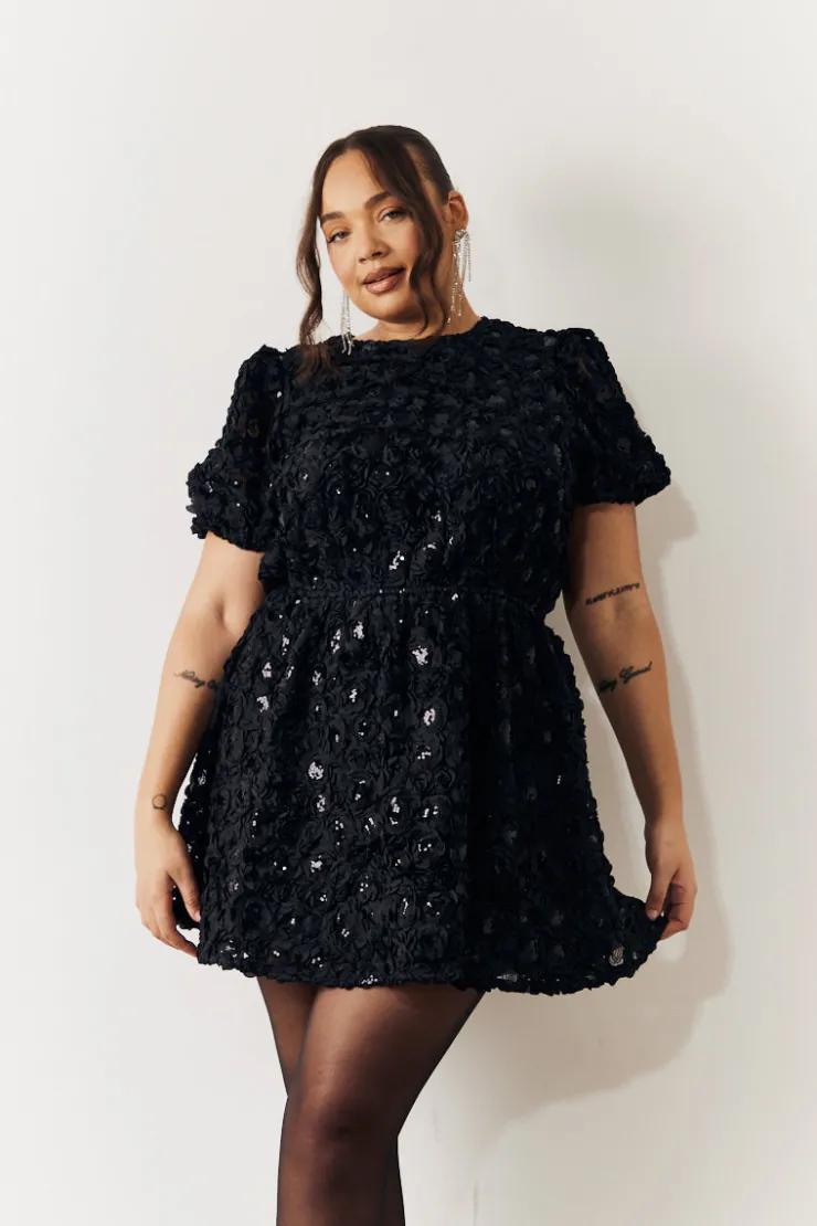 New In the Style Sequin Floral Applique Fit and Flare Mini Dress Black