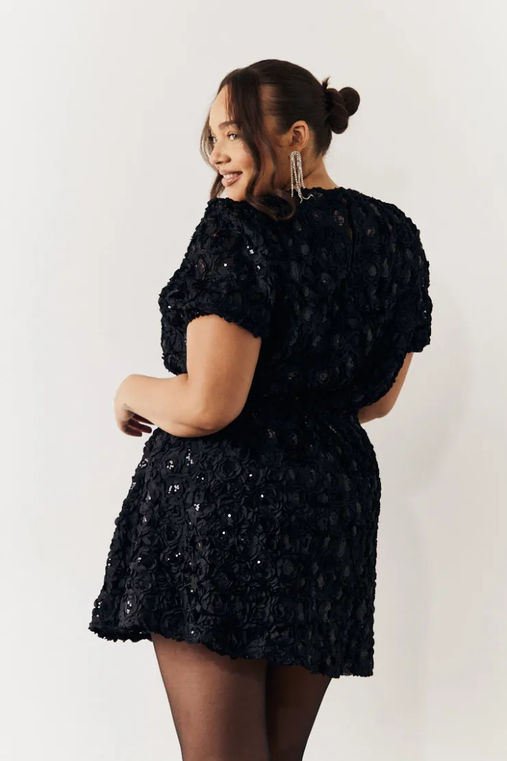 New In the Style Sequin Floral Applique Fit and Flare Mini Dress Black