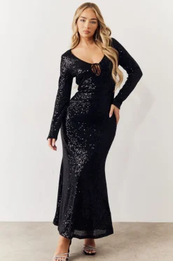 In the Style Sequin Long Sleeve Maxi Dress Black