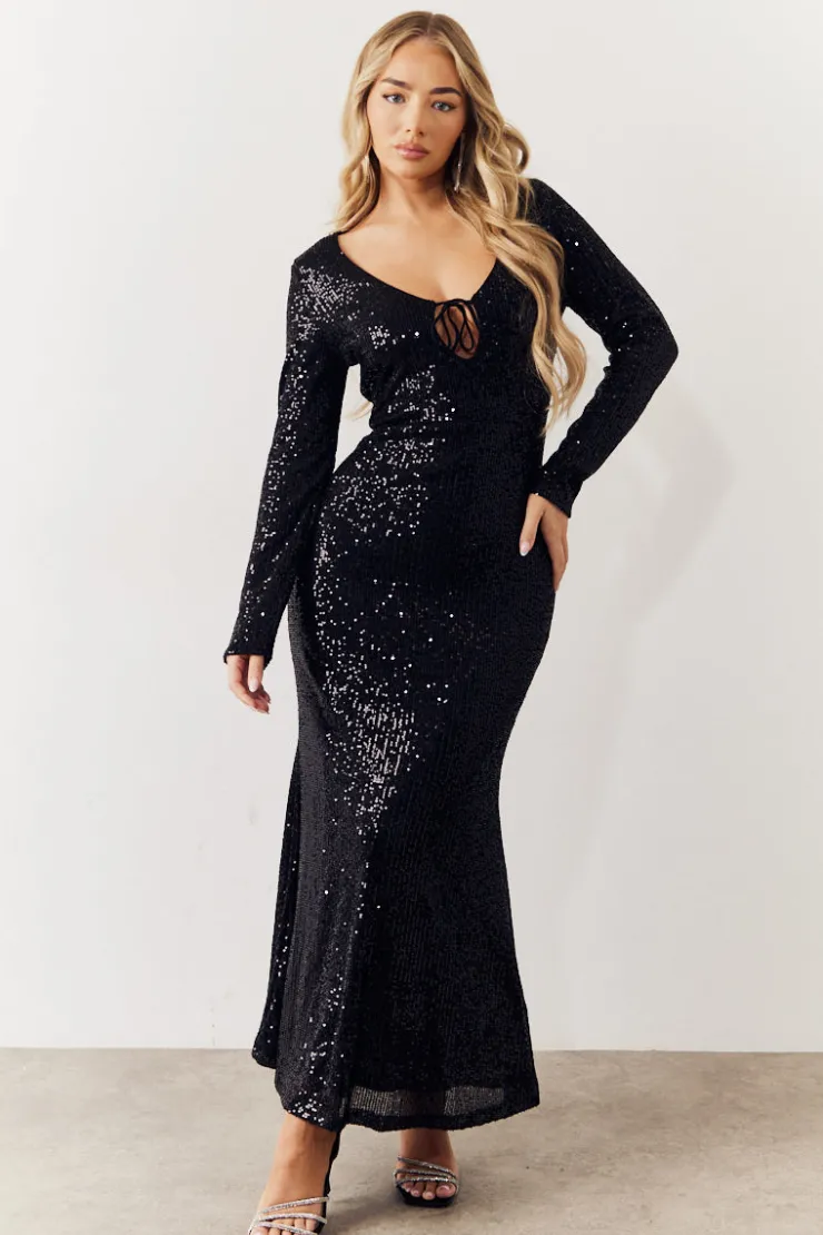 In the Style Sequin Long Sleeve Maxi Dress Black