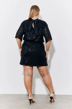 Outlet In the Style Sequin T-Shirt with Satin Bow Back Black