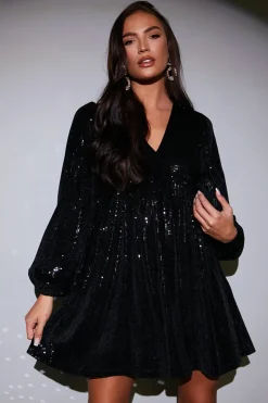 Outlet In the Style Sequin V Neck Smock Dress Black