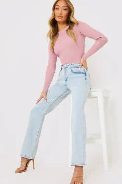 Discount In the Style Bleach Wash Straight Leg Jean Blue