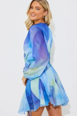 Outlet In the Style Abstract Print Chiffon Wrap Godet Frill Mini Dress Blue