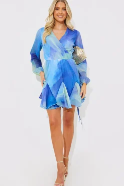 Outlet In the Style Abstract Print Chiffon Wrap Godet Frill Mini Dress Blue