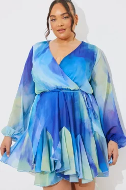 Outlet In the Style Abstract Print Chiffon Wrap Godet Frill Mini Dress Blue