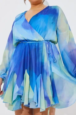 Outlet In the Style Abstract Print Chiffon Wrap Godet Frill Mini Dress Blue