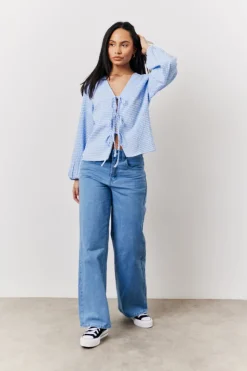 Best In The Style Gingham Seersucker Tie Front Blouse Blue