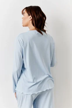 Clearance In The Style Lettuce Hem Slogan Long Sleeve Top and Trouser PJ Set Blue