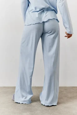 Clearance In The Style Lettuce Hem Slogan Long Sleeve Top and Trouser PJ Set Blue