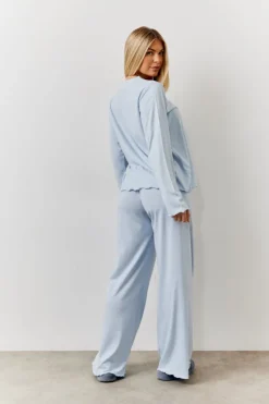 Clearance In The Style Lettuce Hem Slogan Long Sleeve Top and Trouser PJ Set Blue