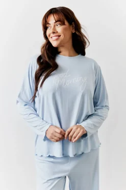 Clearance In The Style Lettuce Hem Slogan Long Sleeve Top and Trouser PJ Set Blue
