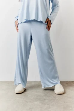 Clearance In The Style Lettuce Hem Slogan Long Sleeve Top and Trouser PJ Set Blue