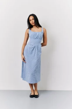 Discount In The Style Seersucker Gingham Milkmaid Midaxi Dress Blue