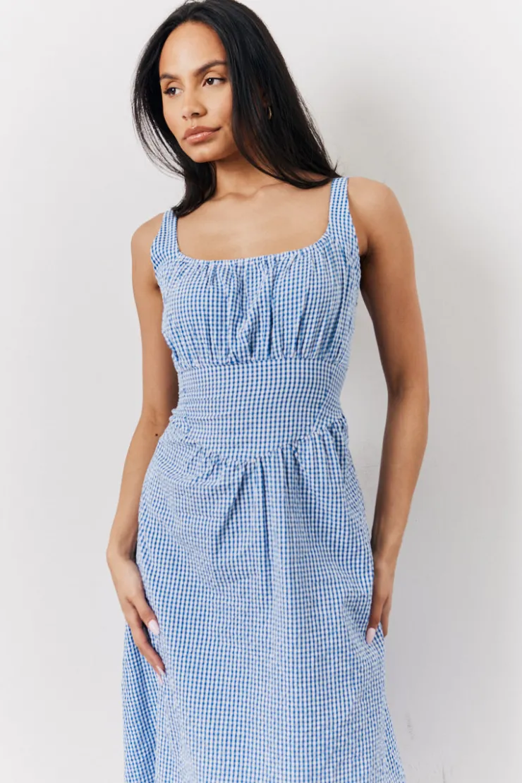 Discount In The Style Seersucker Gingham Milkmaid Midaxi Dress Blue