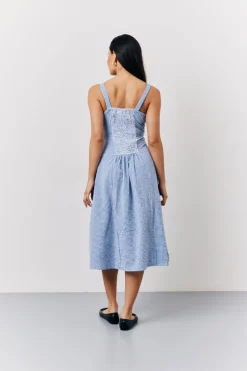 Discount In The Style Seersucker Gingham Milkmaid Midaxi Dress Blue