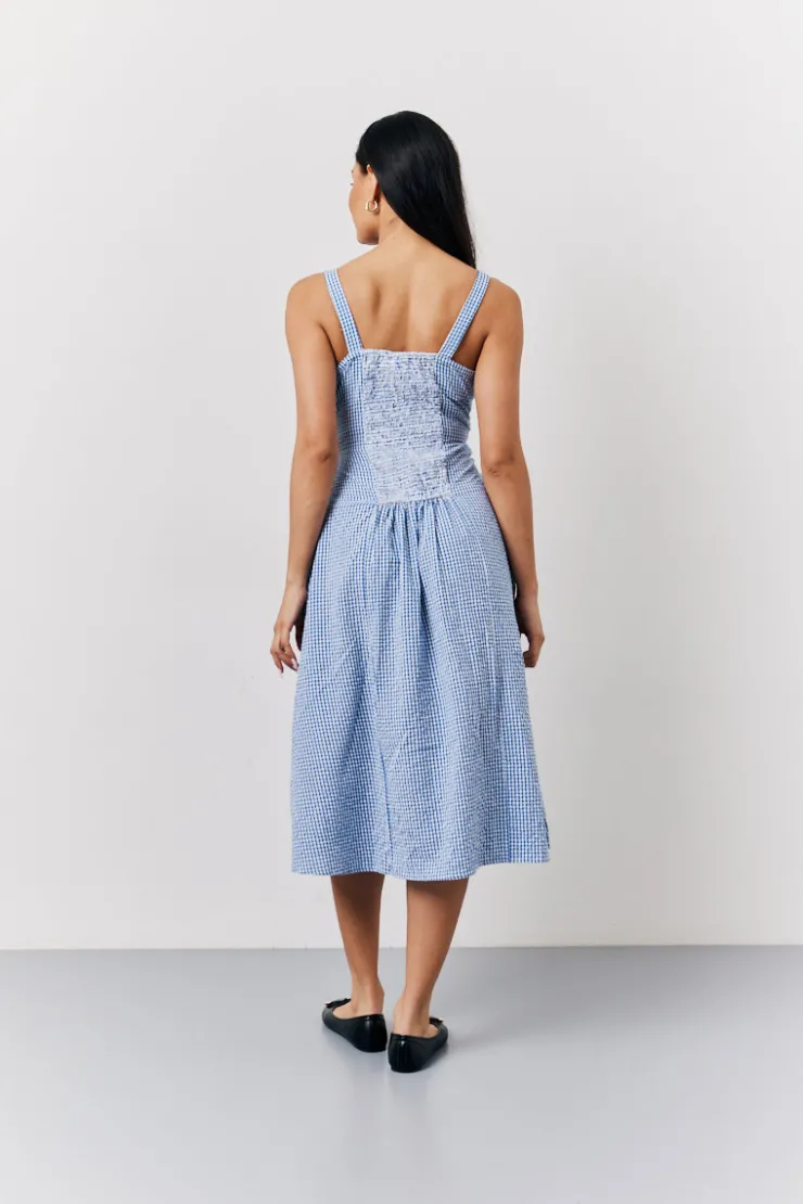 Discount In The Style Seersucker Gingham Milkmaid Midaxi Dress Blue