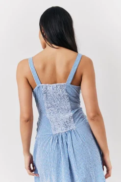 Discount In The Style Seersucker Gingham Milkmaid Midaxi Dress Blue