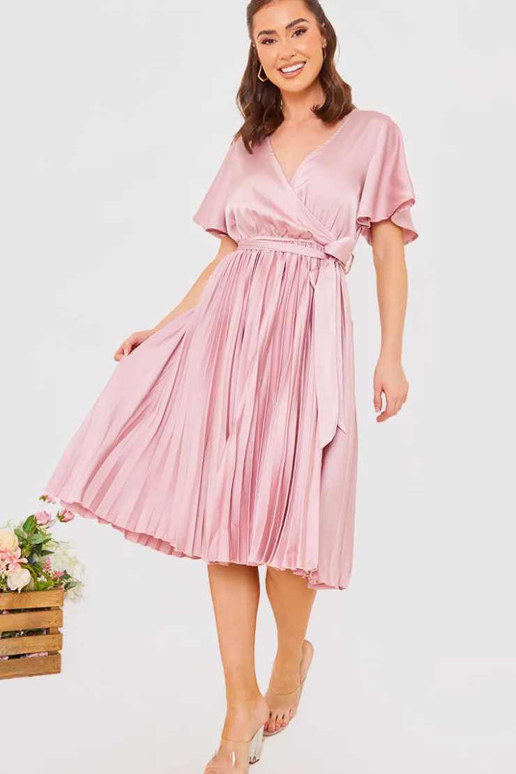 Hot In The Style Angel Sleeve Pleated Wrap Midi Dress Blush
