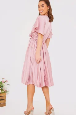 Hot In The Style Angel Sleeve Pleated Wrap Midi Dress Blush