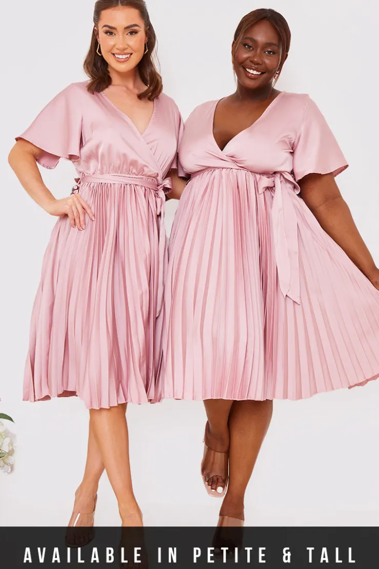 Hot In The Style Angel Sleeve Pleated Wrap Midi Dress Blush